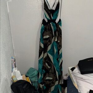 Fashion Nova Black and Teal Geometric High Low Dress